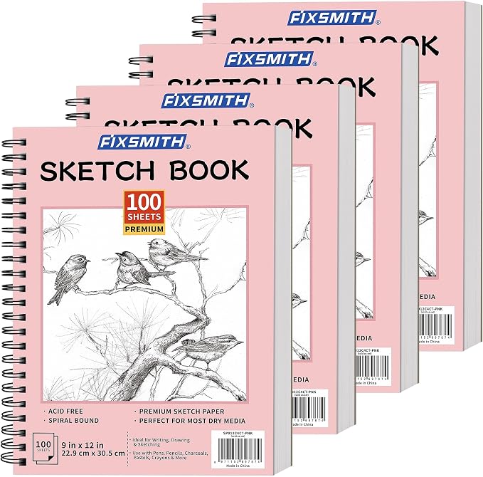 FIXSMITH 9"X12" Pink Sketch Book, 400 Sheets Spiral Sketchbook, Acid Free by FIXSMITH