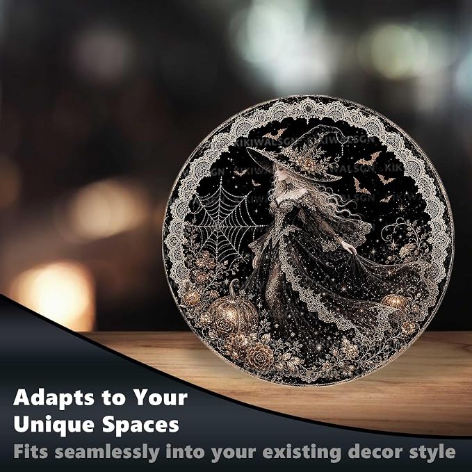 Elegant Gothic Witch Halloween Metal Tin Sign Round Wall Decor Black Dress Gold - Image 6