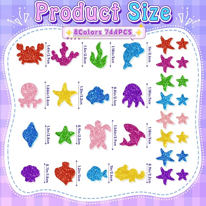 744PCS Glitter Foam Stickers, Colorful Sea Animal Stickers, Self-Adhesive Foam - Image 2