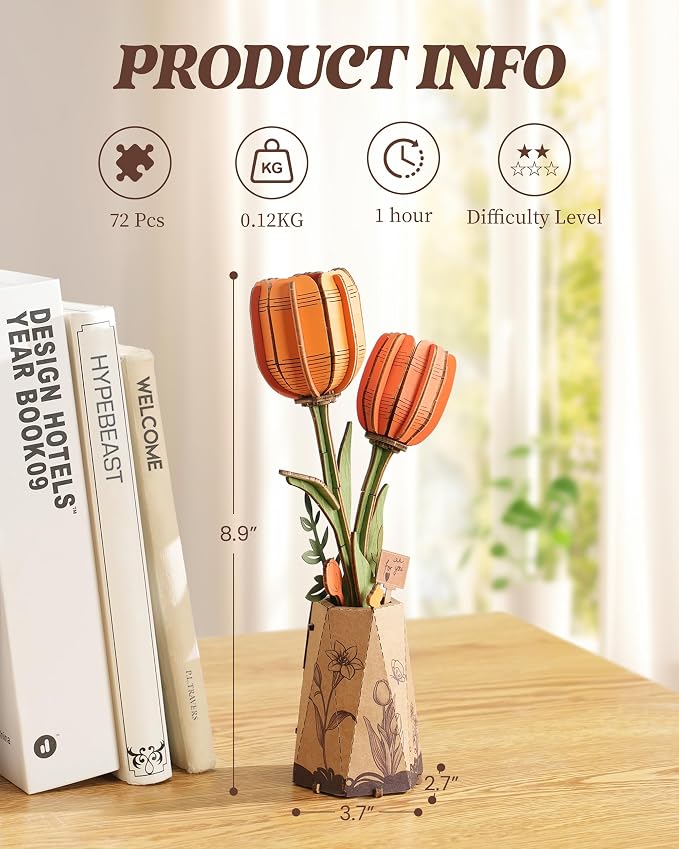 rowood Orange Tulip Wooden Flower, DIY Artifical Flower Building Set Craft Kit - Image 2