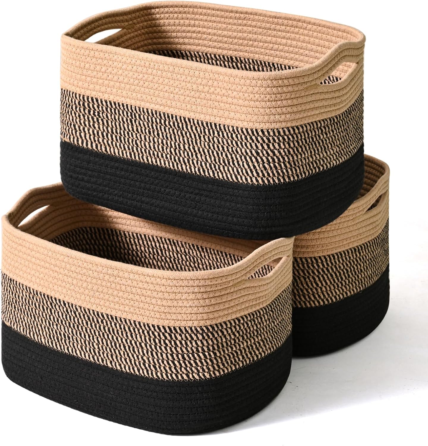 Storage Baskets for Organizing Shelves, Decorative Baskets for Storage, Woven Cotton Rope Basket for Living Room Bedroom Nursery, 15"x11"x9.5", 3 Packs, Gradient Black & Jute
