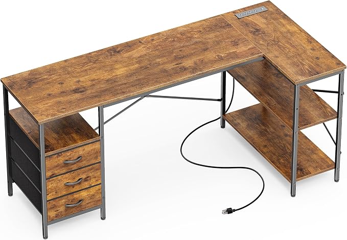 Huuger L Shaped Desk with Power Outlets, 63 Inch Reversible Computer Desk with by Huuger