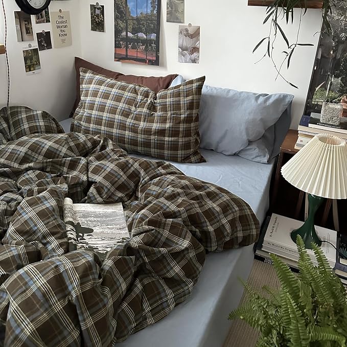 mixinni Vintage Brown & Blue Buffalo Plaid Duvet Cover Set King Size - Image 7