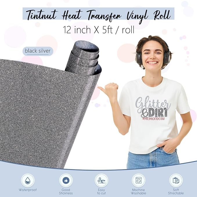 Tintnut Black Silver Glitter Heat Transfer Vinyl Roll, easy cut & weed - Image 2