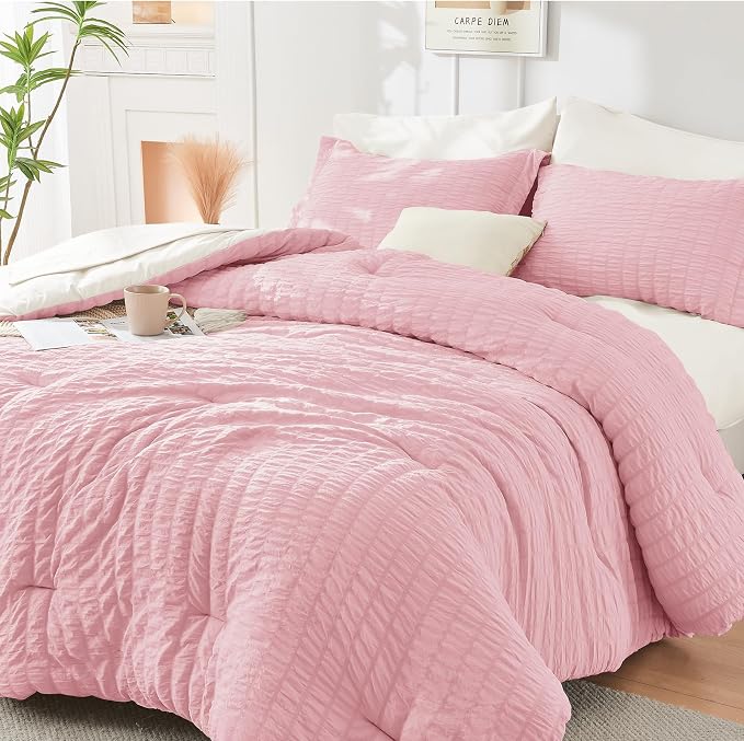 HYMOKEGE Pink/Ivory Twin Comforter Set Seersucker 5 Pieces, All Season Luxury by HYMOKEGE