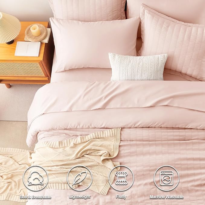 CozyLux Queen Comforter Set Blush Pink Seersucker 7 Pieces Bed in a Bag Queen - Image 2