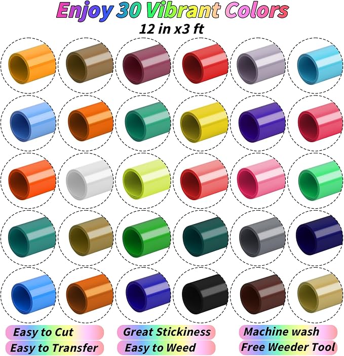 30 Pack HTV Vinyl Bundle 12" x 90 FT Heat Transfer Vinyl Rolls - Image 2