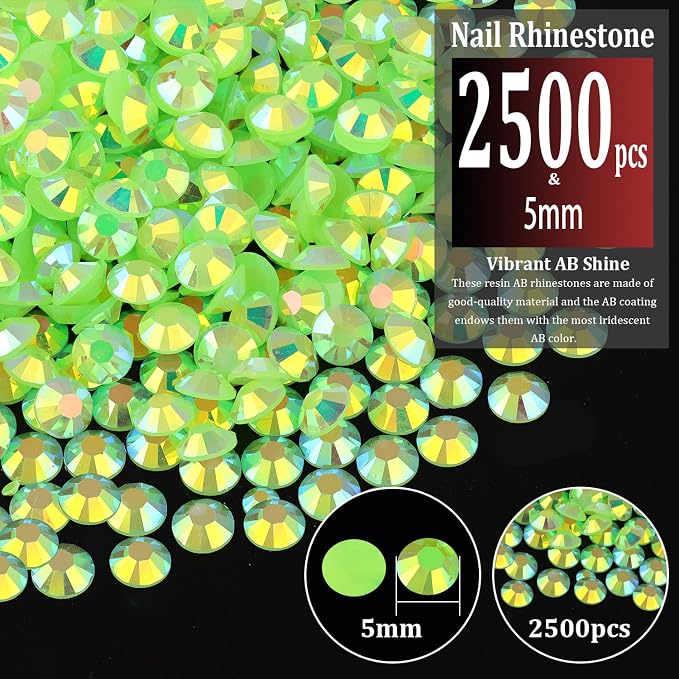 2500pcs 5mm Resin Rhinestones Bulk, Fluorescent Green AB Flatback Round Jelly - Image 2