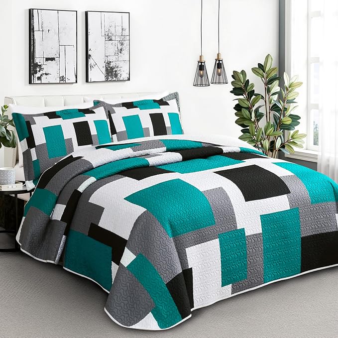 Tyrot 3 Piece Teal/Turquoise Grey Quilt Set King Size Black White Geometric - Image 2