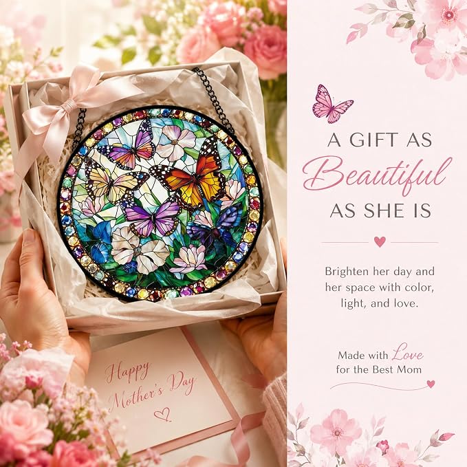 Butterfly Flower Acrylic Suncatcher Faux Stained Glass Window Hanging 6.3" | - Image 4