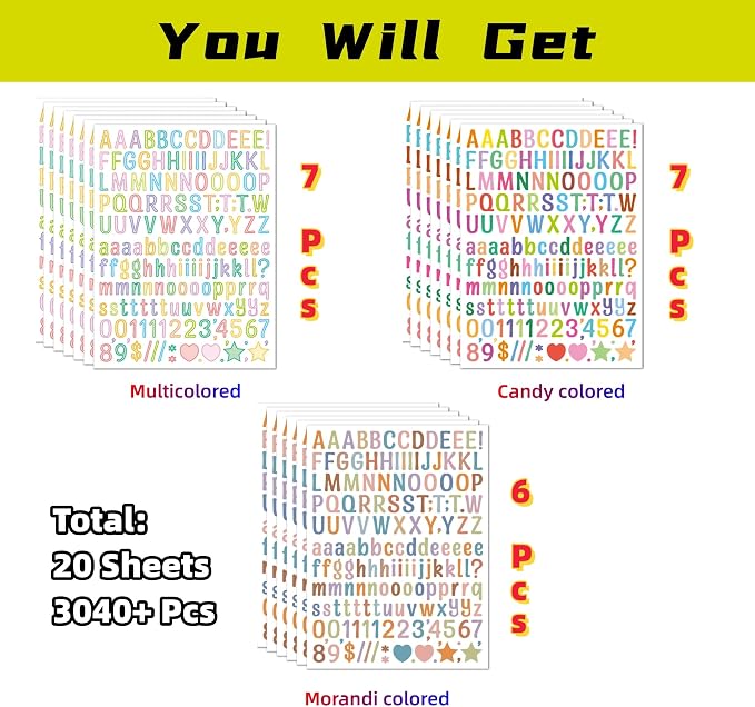 3040Pcs 20 Sheets Small Letter Number Stickers, 1/2inch Colorful Self-Adhesive - Image 3
