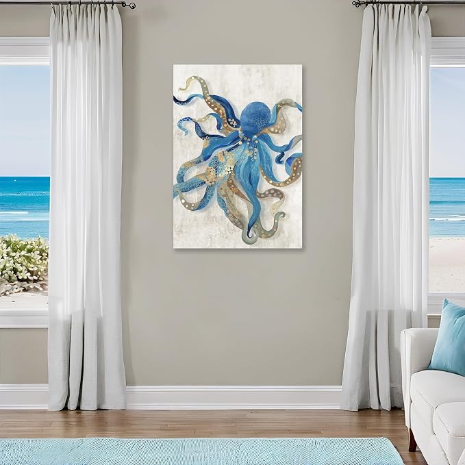 Octopus Canvas Wall Art Blue and Gold Sea Animal Picture Ocean Life Theme - Image 4