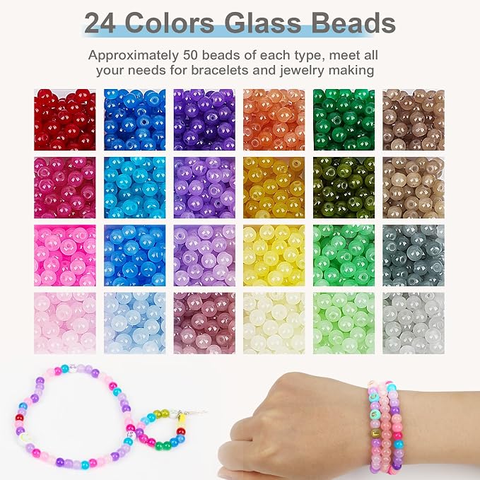 XSEINO About 1200PCS 6mm Glass Beads Bracelet Making Kit, 24 Colorful Nature - Image 2