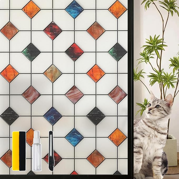 DKTIE Stained Glass Window Film Geometric Patterns, Fine Frosted Window Clings by Dktie