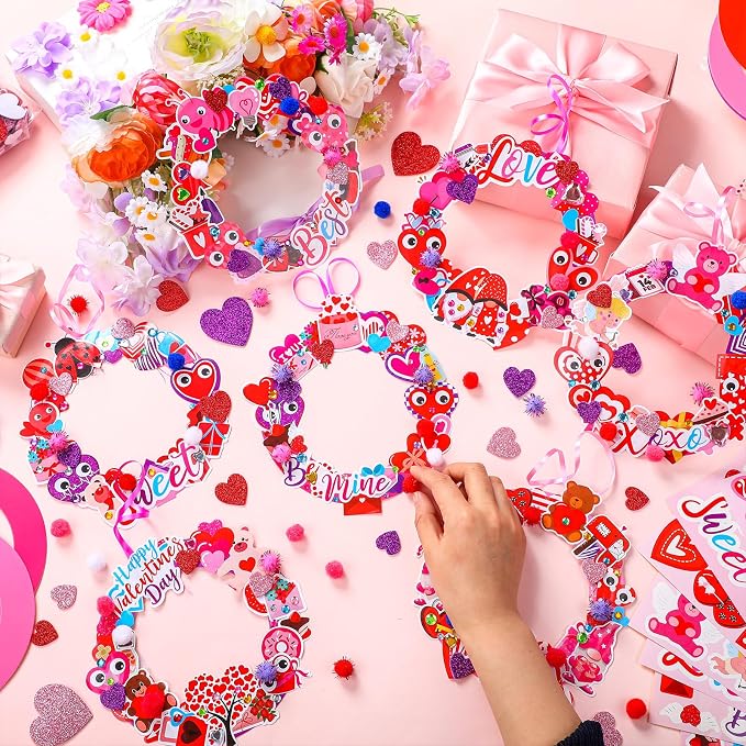 Hollowfly 48 Sets Valentine's Day Wreath Craft Kits DIY Heart Wreath Hanging - Image 2