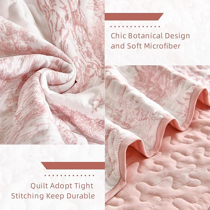 WONGS BEDDING Quilt Set Queen Size, 3 Pieces Pink Floral Plants Printed - Image 6