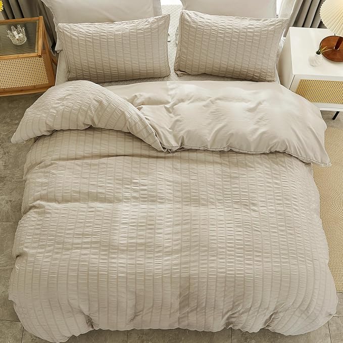 AveLom Beige Seersucker Duvet Cover Set Queen Size, 3 Pieces, Ultra Soft Washed - Image 7