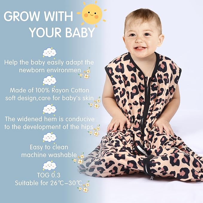3 Pack Baby Sleep Sack 100% Rayon Cotton Baby Sleeping Bag 2-Way Zipper Toddler Wearable Blankets TOG 0.3. (Leopard&Cobble&Green, 12-18 Months)