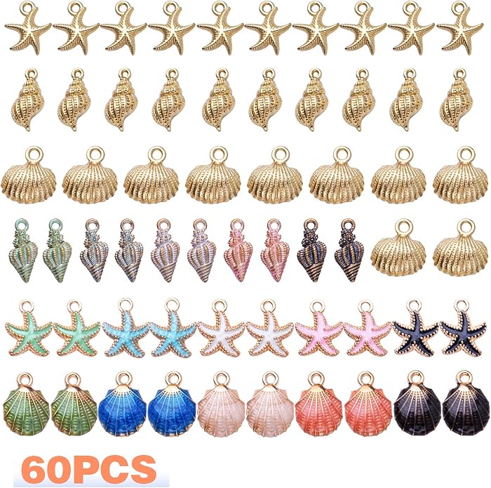 60pcs Alloy Ocean Starfish Seashell Conch Charms Colorful Enamel Ocean Life Sea - Image 2