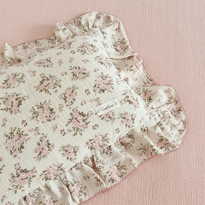AOJIM Pink Floral Kids Toddler Pillowcase 1 Piece Super Soft Muslin Cotton Bedding Pillowcase with Ruffle Edges, Durable Nursery Pillowcase Aesthetic Print Kids Pillow Cover for Room Decor, 26X20 Inch