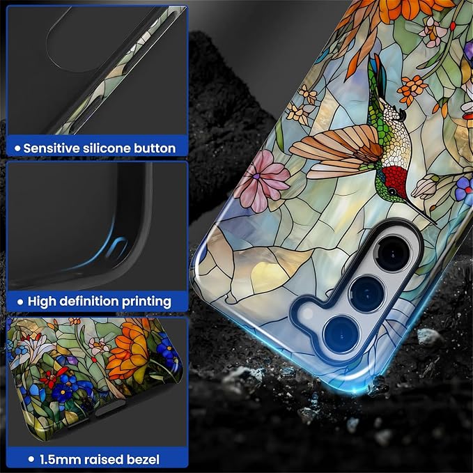 for Samsung Galaxy S23 Plus Case, Hummingbird Wildflower Stained Glass Pattern - Image 4
