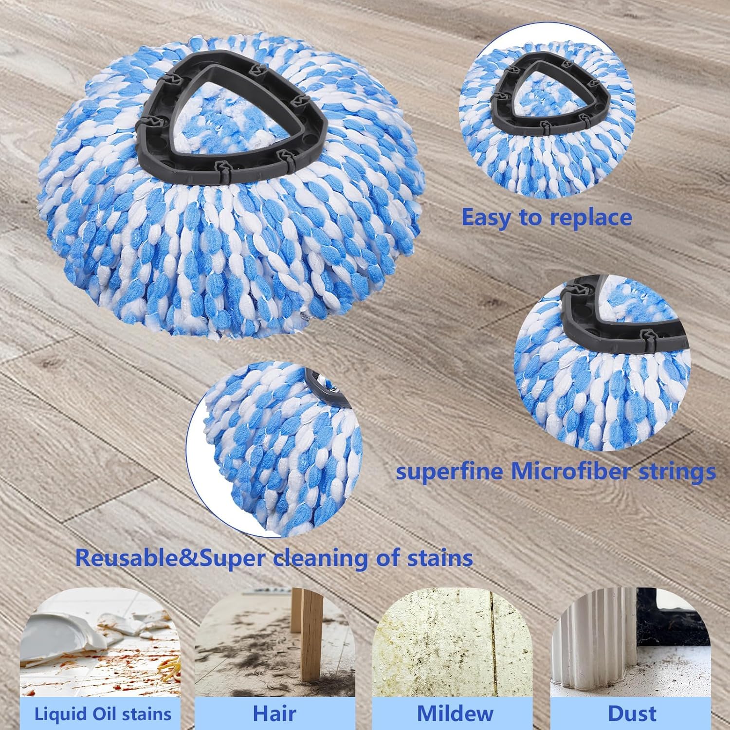 4 Pcs Mop Replace Heads & 1 Scrub Brush & 1 Base Combo for Ocedar Easywring 2-Tank System Microfiber Spin Mop Replacement Head,Machine Washable for Bathroom,Kitchen,Tub and Tile(Blue)