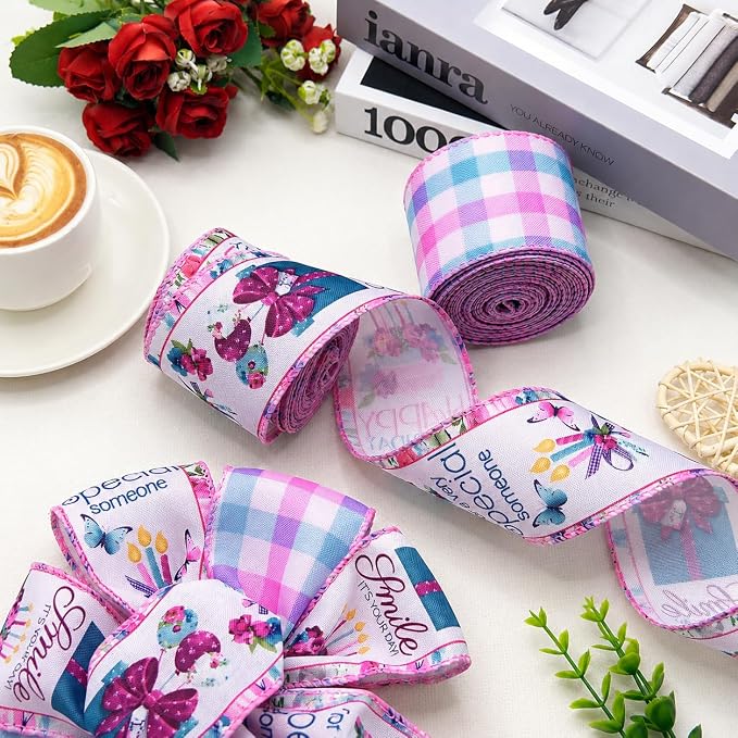Birthday Wired Edge Ribbon, 2 Rolls 2.5 Inch x 10 Yards Each, Birthday Party - Image 8