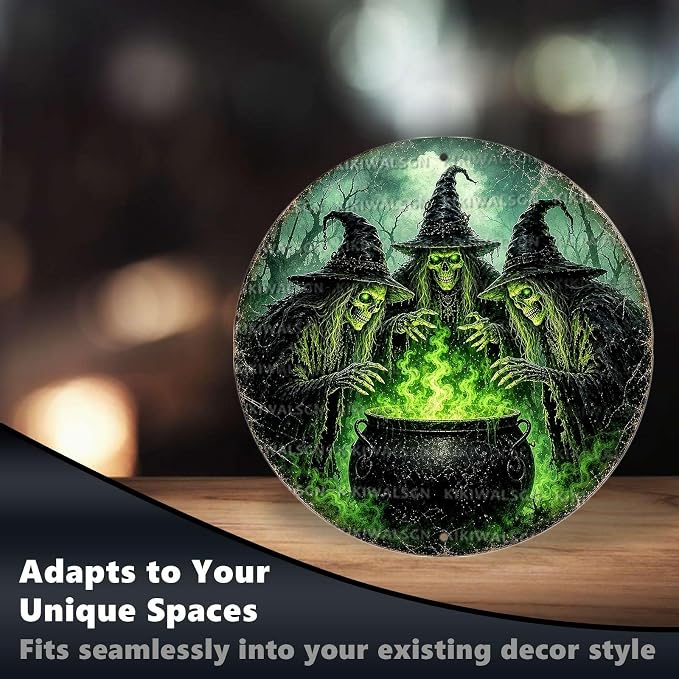 Skeleton Witches Halloween Metal Tin Sign Round Wall Decor Green Magic Potion - Image 6