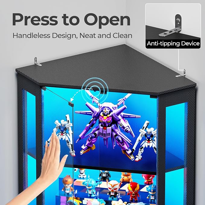 IRONCK 71" Carbon Fiber Corner Glass Display Cabinet, RGB LED Lights - Image 9