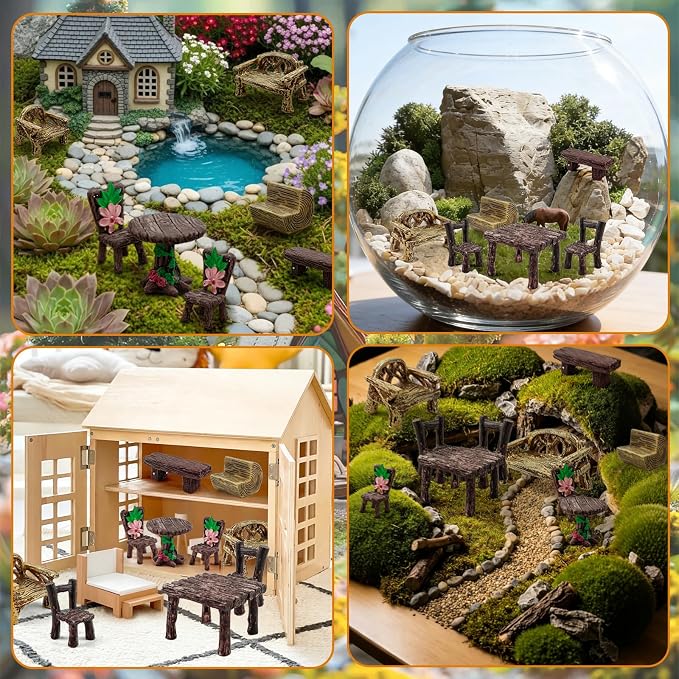 Morofme 10 Pcs Mini Garden Furniture Ornaments Miniature Table and Chairs Resin - Image 4