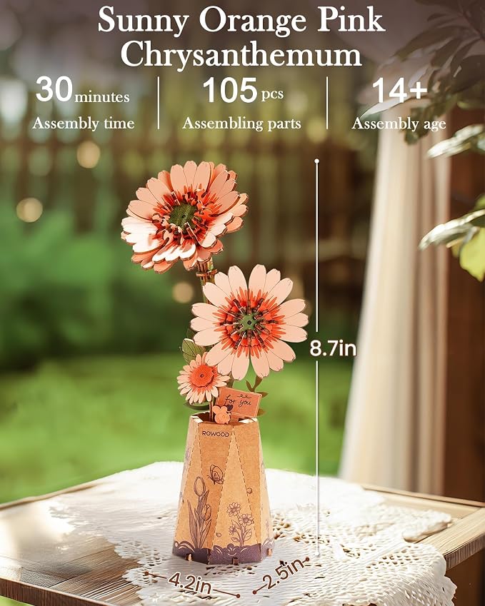 3D Flower Wooden Puzzles for Adults-Gerbera Daisy, DIY Wooden Flowers Model Kit - Image 3