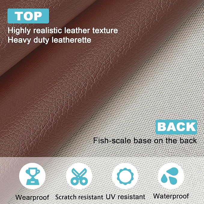 Brown Faux Leather Fabric 79"×55" Lychee Grain Upholstery Vinyl - Image 2