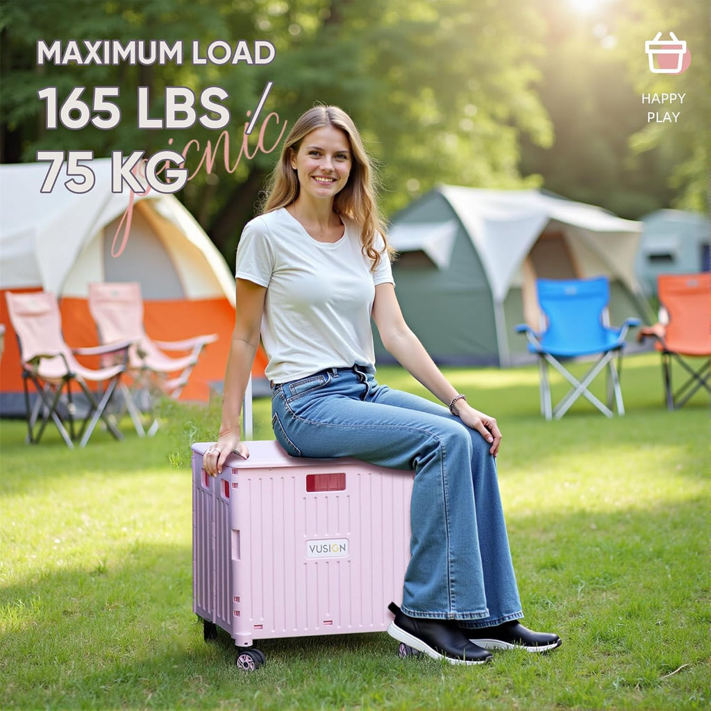 VUSIGN Folding Utility Cart, Foldable Rolling Crate Handcart with Lid, Portable Collapsible Shopping Trolley Tool Box, 4 Rotate Wheels for Grocery, Office, Travel, Teacher, Luggage, Pink