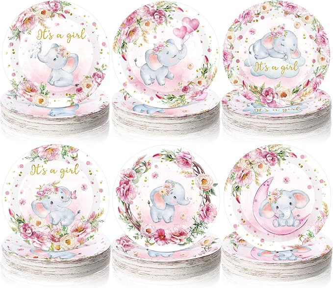 Funnymoom 7 Inch Pink Elephant Baby Shower Paper Plates 60 Pcs It's a Girl by Funnymoom
