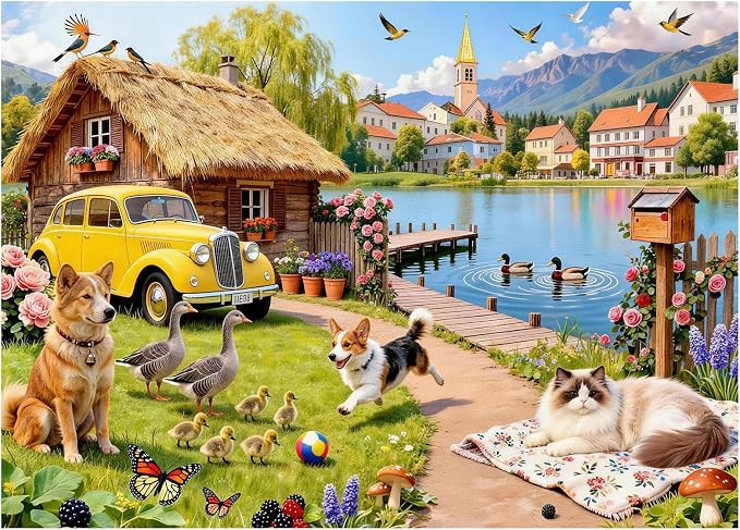 Cozy Lakeside Cottage Puzzles for Adults 1000 Pieces, Challenging Jigsaw by FLYHOUR