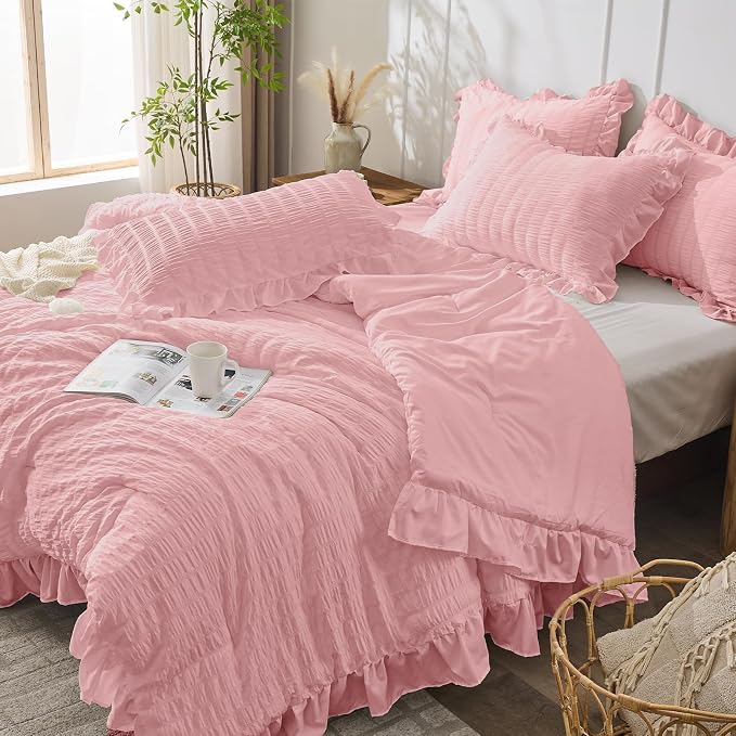 JOLLYVOGUE Pink Seersucker Queen Comforter Set, 3 Pieces Bed in a Bag Comforter - Image 7