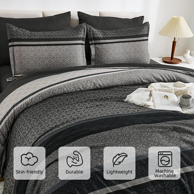 WONGS BEDDING Comforter Set Full Size, Dark Grey Striped 7 Pieces Bed in a Bag - Image 6