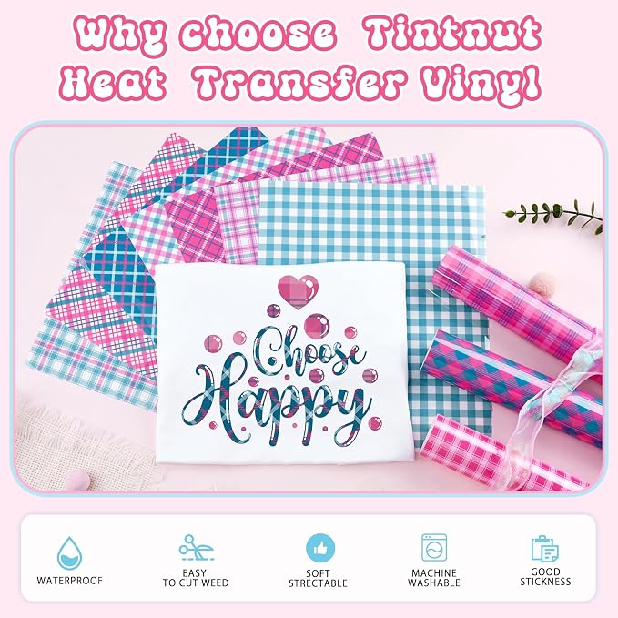 Tintnut Pink Blue Plaid Heat Transfer Vinyl, easy cut & weed, stretch washable - Image 3