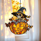 Skeleton Jack O’Lantern with Bats Acrylic Suncatcher by Unknown