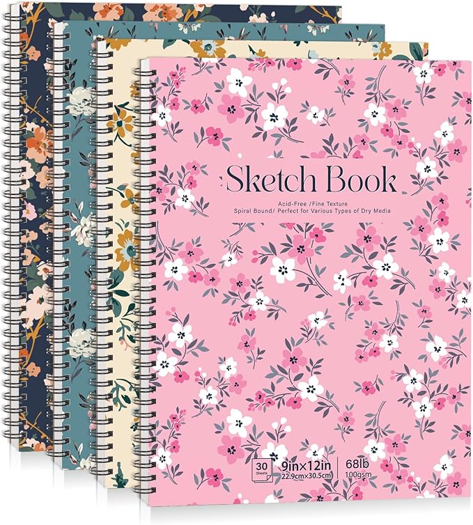 4 Pack Sketch Book, 9 x 12Inch Sketchbook, 68lb/100gsm Spiral Bound Sketch Pad by Prudiut