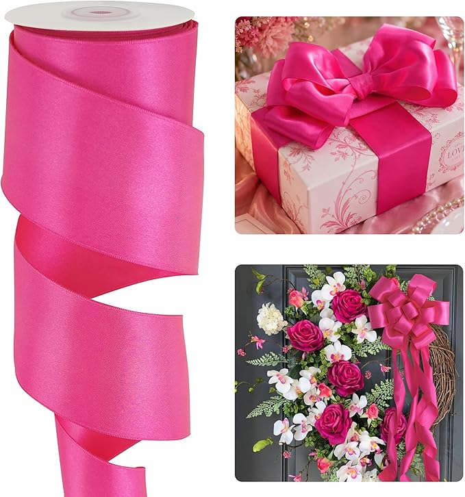 HUIHUANG Hot Pink Satin Wired Ribbon 2.5 inch Fuchsia Pink Wire Edge Ribbon by HUIHUANG