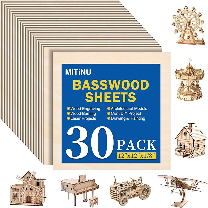 30 Pack Basswood Sheets for Crafts, Wood Burning, Architectural Models by MITINU