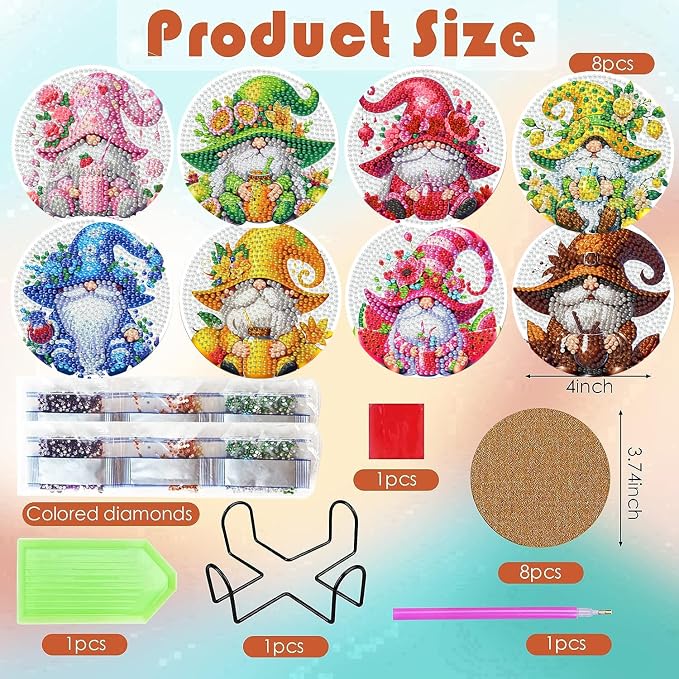 ijbnhd 8 Pack Diamond Art Coasters Kits Gnome | Diamond Painting Coasters Kit - Image 3