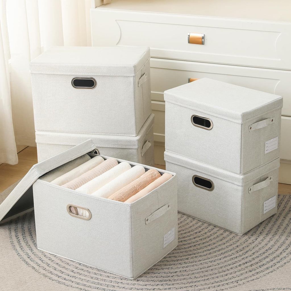 PRANDOM Collapsible Storage Bin with Lid [3-Pack] Fabric Foldable Storage Box Organizer Container Basket Cube with Cover for Home Bedroom Closet Office Beige(15.3x10x9.7)