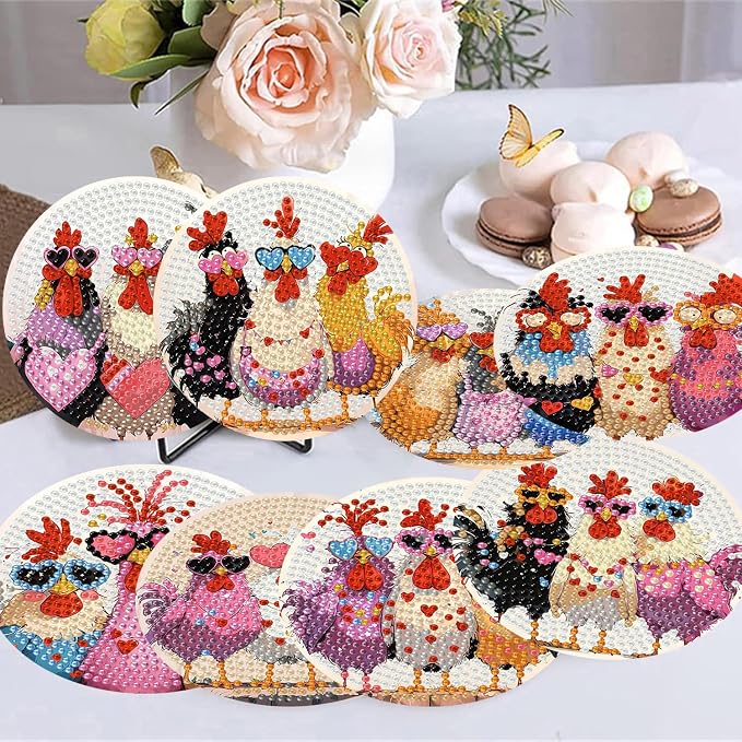 Zythron 8 Pack Diamond Art Coasters, Chicken Diamond Painting Coasters Kits | - Image 5