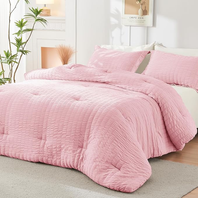 HYMOKEGE Pink/Ivory Queen Comforter Set Seersucker 7 Pieces, All Season Luxury - Image 8