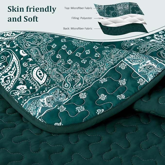 Cottolester King Quilt Set 3 Pieces, Emerald Green Patchwork Quilt Set - Image 4