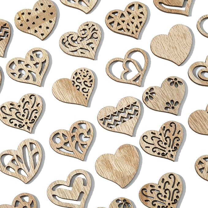 200 pcs Mixed Styles Hollow Heart Theme Unfinished Wood Cutout Charms Cute Love - Image 3