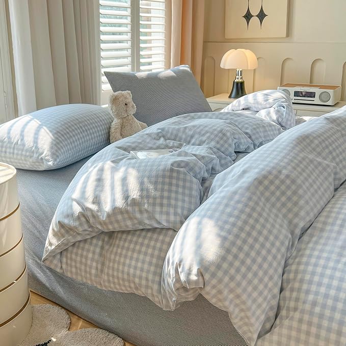 mixinni Light Blue Gingham Duvet Cover Set Twin XL Size - Image 2