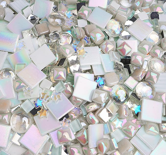 Lanyani 430Pcs Iridescent White Glass Mosaic Tiles Variety Styles Mosaic Tiles - Image 8